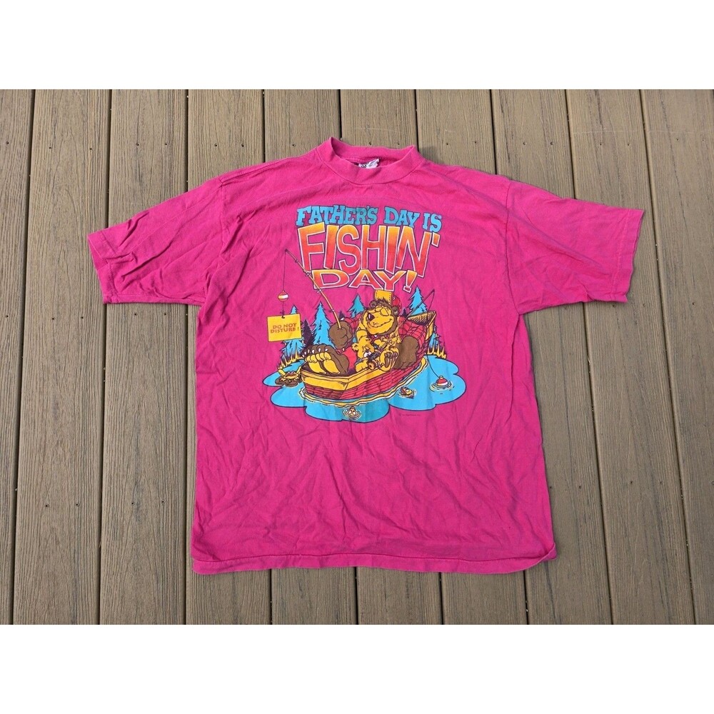 Vintage 80s Father's Day Fishin' Day Fishing Pink T-Shirt Size Large USA